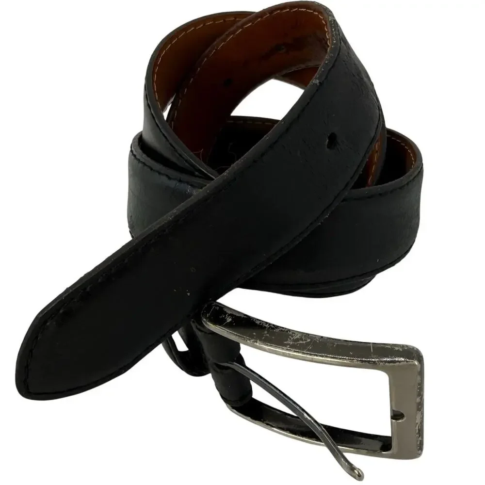 Black Genuine Leather Belt Size 38 Silver Tone Buckle Distressed
